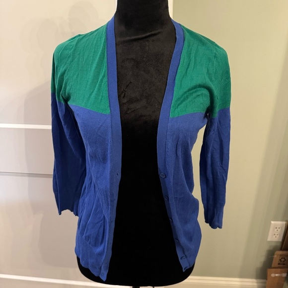 J Crew Colorblock Cardigan Sweater - Blue and Green 100%cotton lightweight - Picture 1 of 8